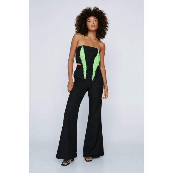 Nasty Gal Premium Fringed Bustier Top black with Green fringe size 8 - Picture 2 of 11